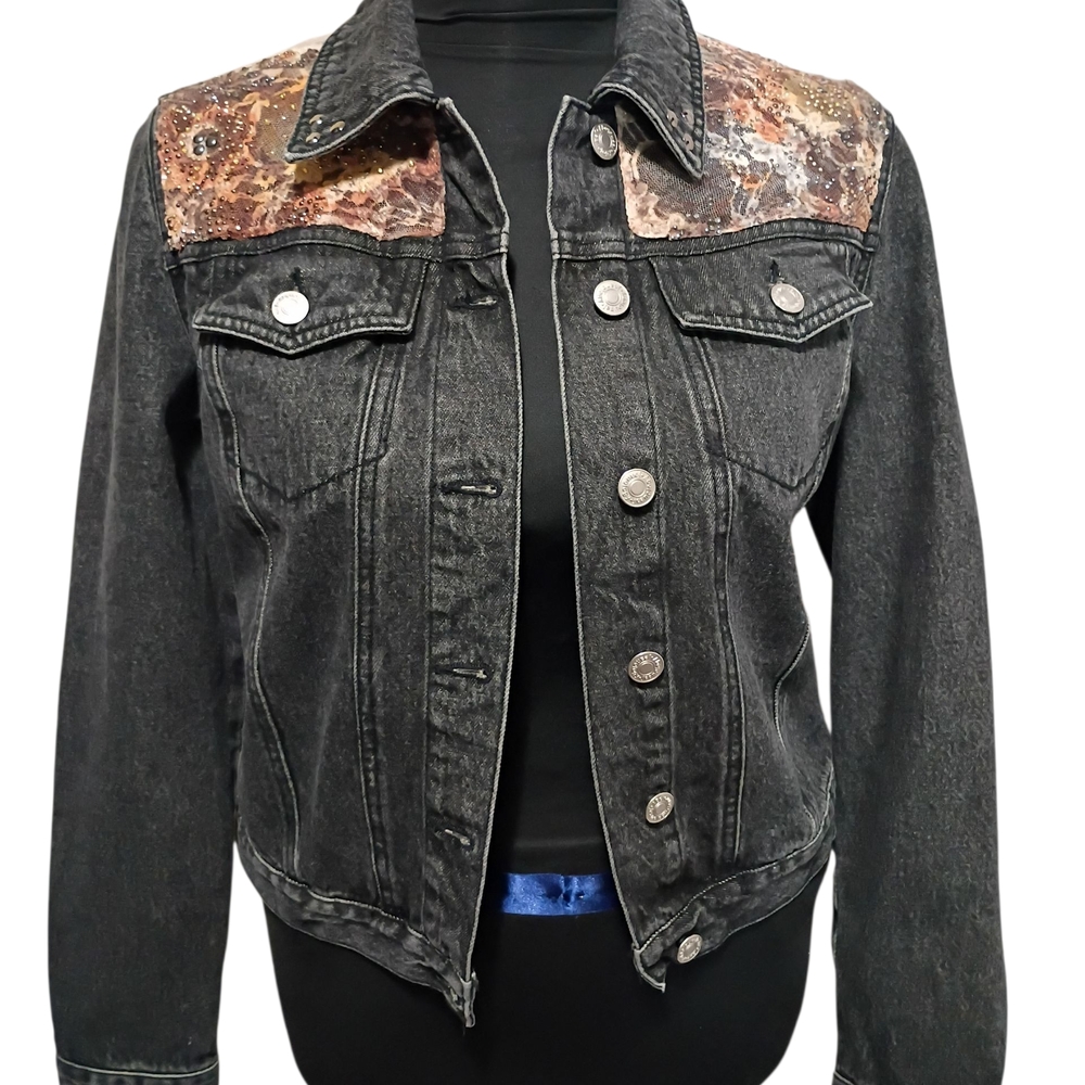 Newport News Black Denim Jacket with Brown Accents, Size 4